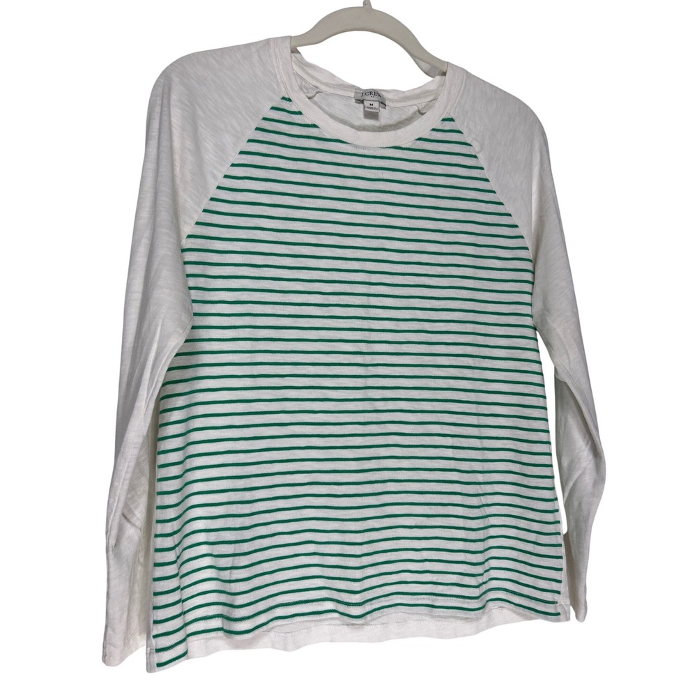 J.Crew Raglan Girlfriend Crewneck Tee Green White Striped Slub Cotton Size M EUC